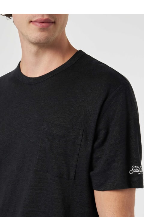 Homeware MC2 Saint Barth Man Black Linen Jersey T-shirt Ecstasea With Pocket