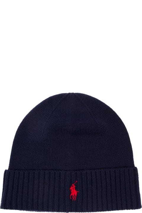 Fashion for Men Polo Ralph Lauren Blue Beanie With Red Pony Embroidery In Wool Man