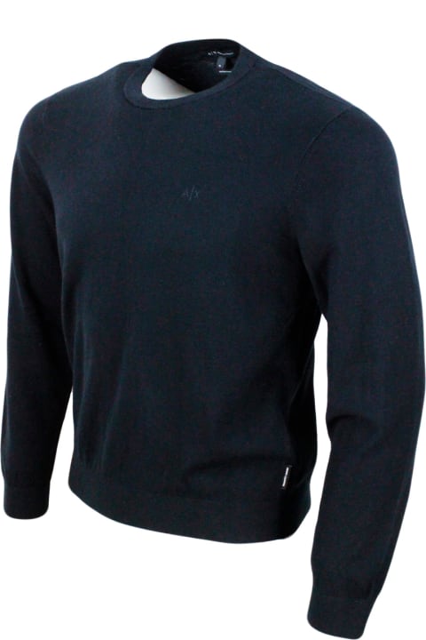 Armani Collezioni for Men Armani Collezioni Lightweight Long-sleeved Crew-neck Sweater Made Of Warm Cotton And Cashmere With Contrasting Color Profiles At The Bottom And On The Cuffs