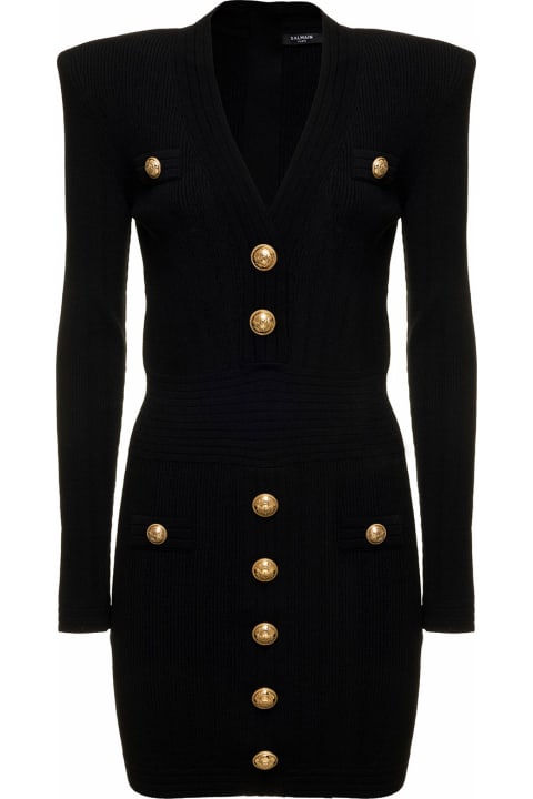 Short Black Dress In Eco-designed Knit With Gold-tone Buttons Balmain Woman