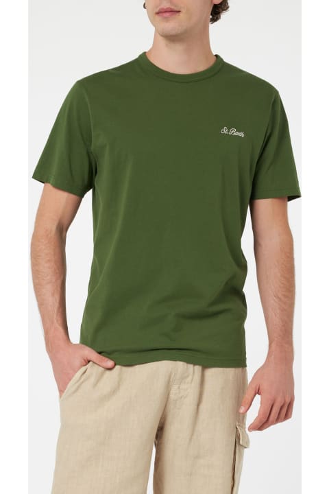 Homeware MC2 Saint Barth Man Military Green Cotton Jersey T-shirt Dover With St. Barth Embroidery