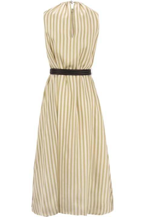 Viscose And Silk Striped Twill Dress With Precious Shoulder Detail
