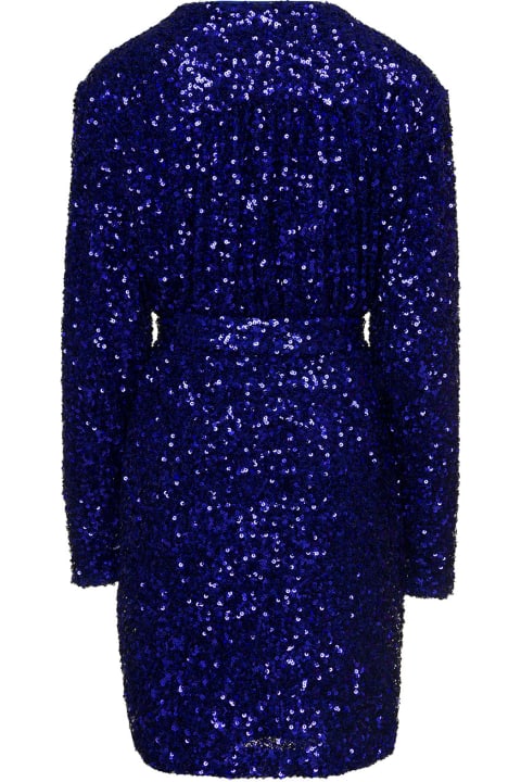 Rotate by Birger Christensen Women Rotate by Birger Christensen Mini Blue Wrap Dress With All-over Sequins In Stretch Polyester Woman Rotate