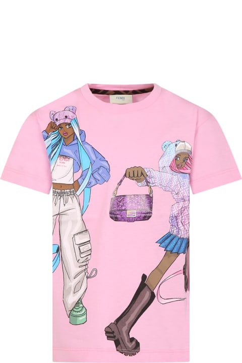Fendi Kids Fendi Pink T-shirt For Girl With Print And Double Ff