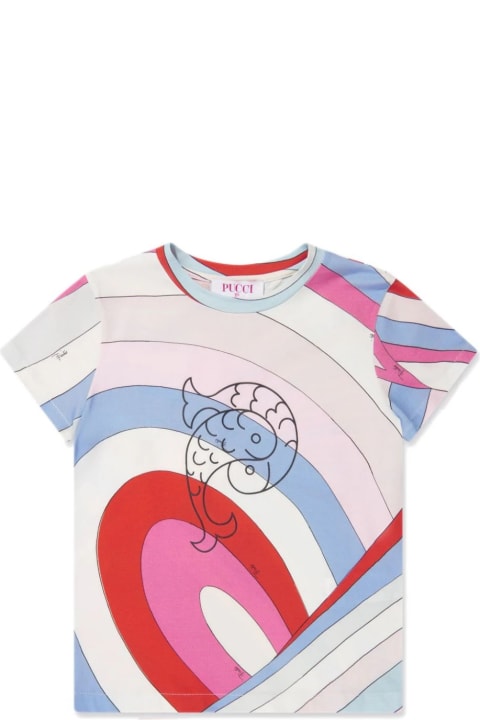 ウィメンズ新着アイテム Pucci T-shirt With Fish Motif And Iris Print In Light Blue/multicolour