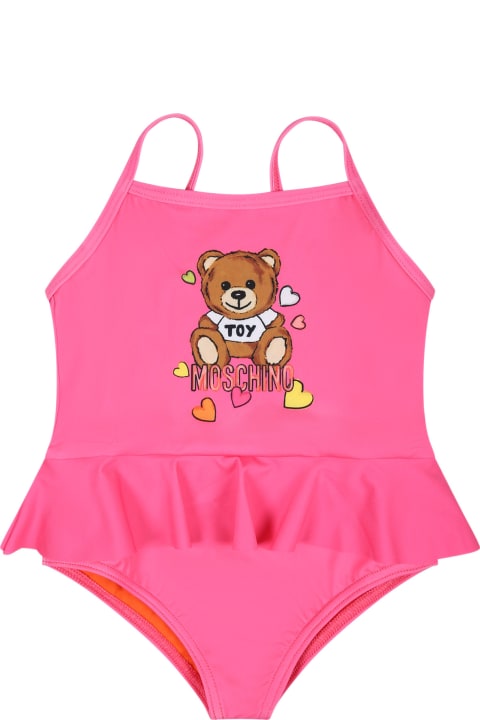 Moschino Kids Moschino Fuchsia Swimsuit For Baby Girl With Teddy Bear And Logo
