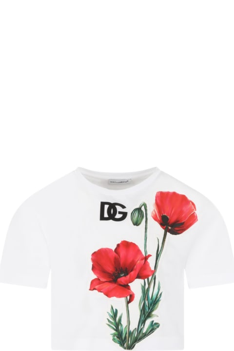 White T-shirt For Girl With Logo And Poppies