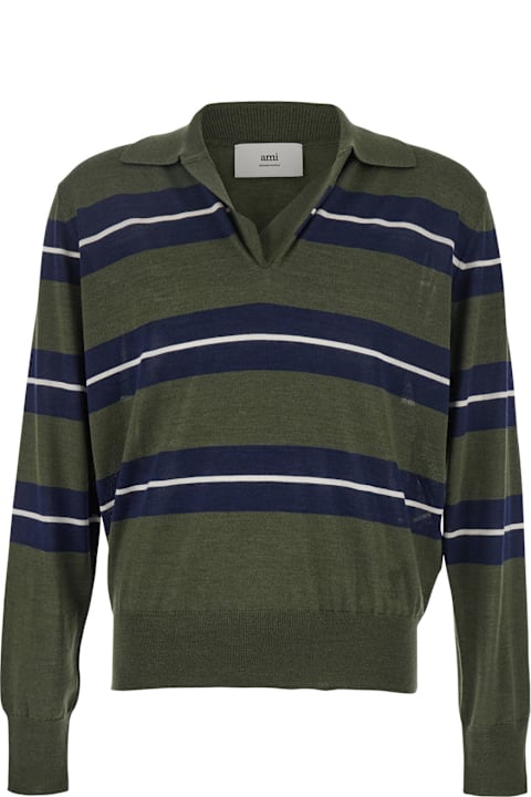 Ami Alexandre Mattiussi for Kids Ami Alexandre Mattiussi Green Polo With All-over Striped Motif And Polo-style Collar In Wool And Silk Blend Man