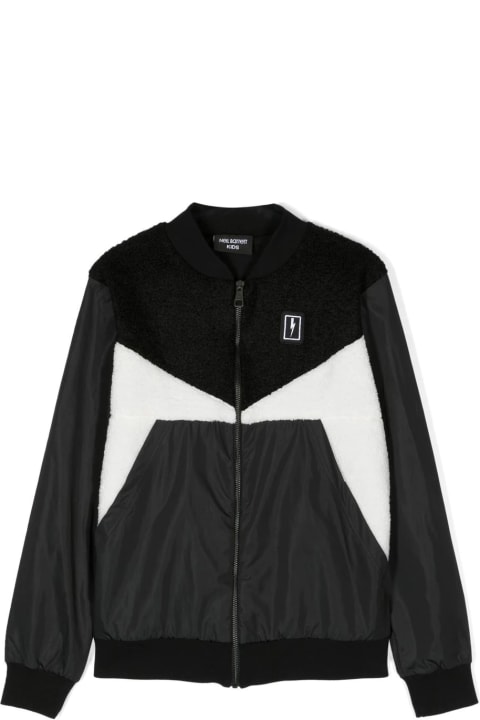 Black And White Nylon And Faux Shearling Bomber Jacket