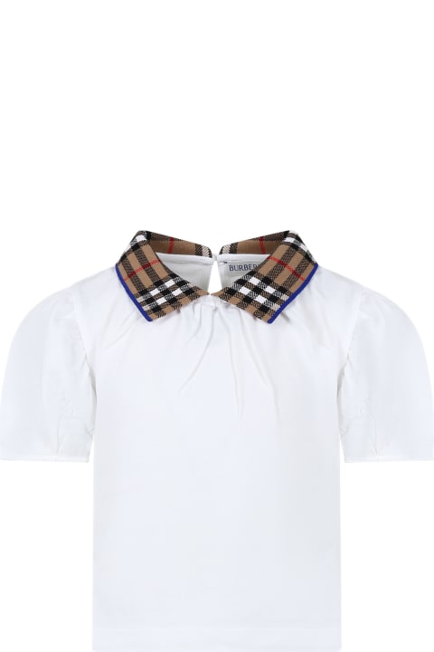 Burberry Kids Burberry White T-shirt For Girl With Vintage Check On The Collar