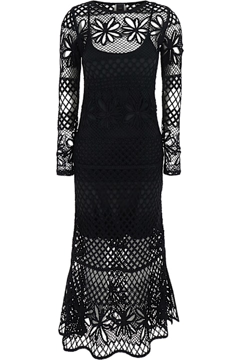 Homeware Pinko Ortles Black Crewneck Long Dress With Fishnet Design And All-over Floral Embroidery