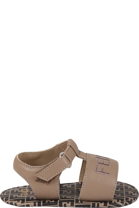 Brown Sandals For Baby Kids With Logo And Double Ff