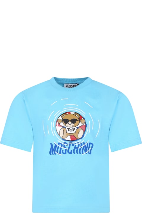 Moschino for Kids Moschino Light Blue T-shirt For Boy With Multicolored Print And Teddy Bear