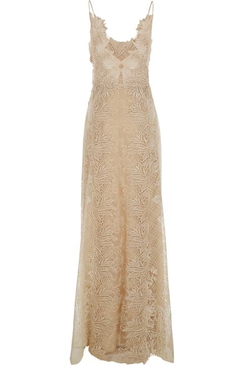 Alberta Ferretti Dresses for Women Alberta Ferretti Beige Long Dress With All-over Lace Details And Thin Straps In Cotton Blend Woman