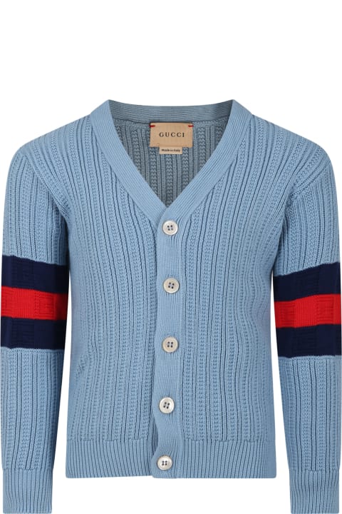 Gucci for Kids Gucci Light Blue Cardigan For Boy With Web Ribbon Motif