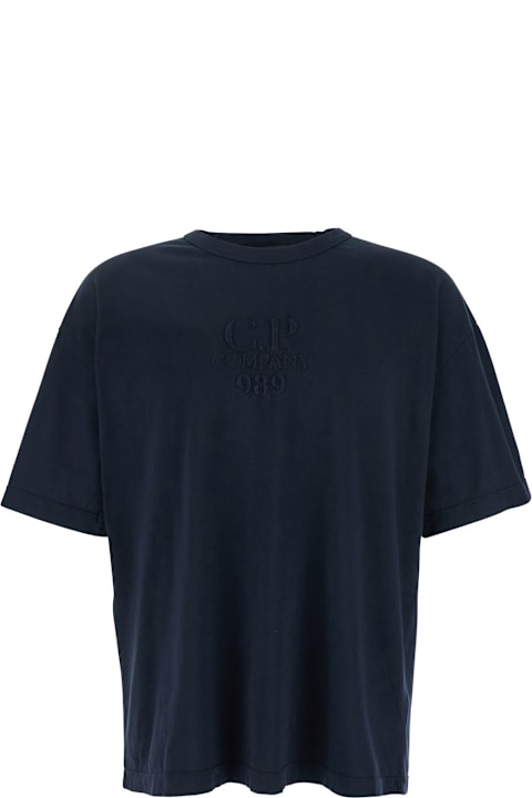 Homeware C.P. Company Blue T-shirt With Logo Embroidered On The Front Tone-on-tone In Cotton Man
