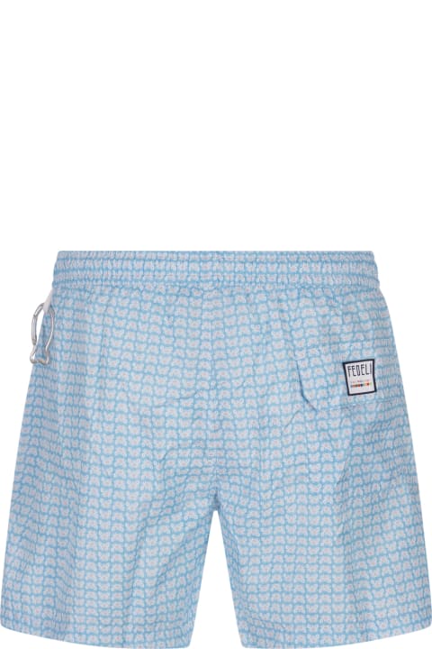 Swimwear for Men Fedeli Light Blue Swim Shorts With Crab Pattern