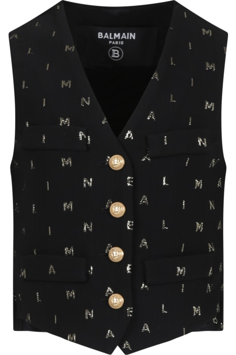 ボーイズ Balmainのコート＆ジャケット Balmain Black Waistcoat For Boy With All-over Logo