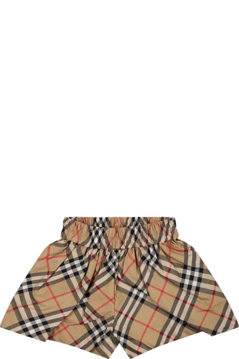 Burberryのベビーガールズ Burberry Beige Shorts For Baby Girl With Iconic All-over Vintage Check