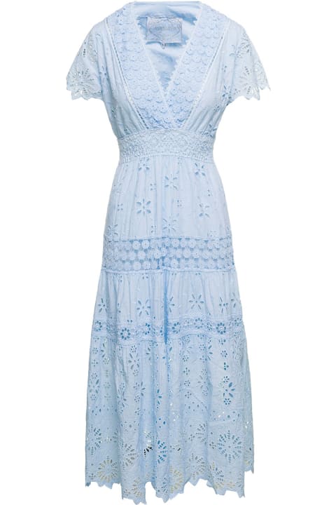 Embroidered V-neck Maxi Dress In Light-blue Cotton Woman