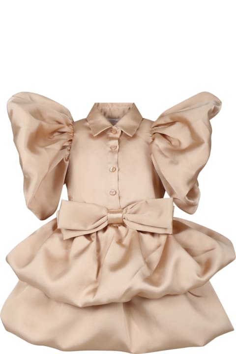 Beige Dress For Girl With Ruffles And Bow