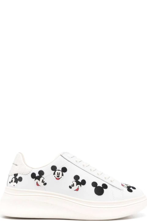 Moa Woman's White Leather Sneakers With Mickey Mouse Print