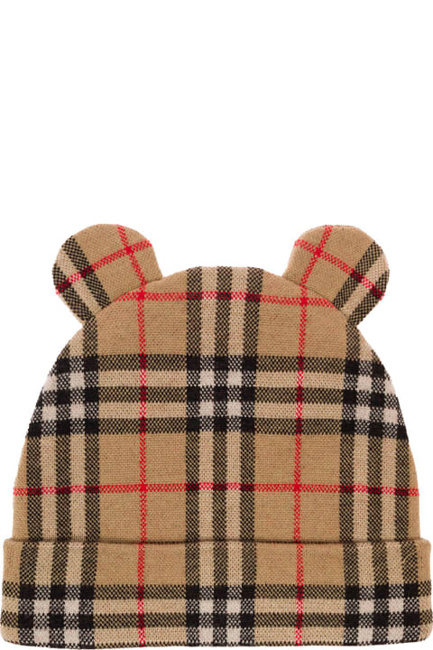 Beige Beanie With Ears And Check Print In Wool Boy