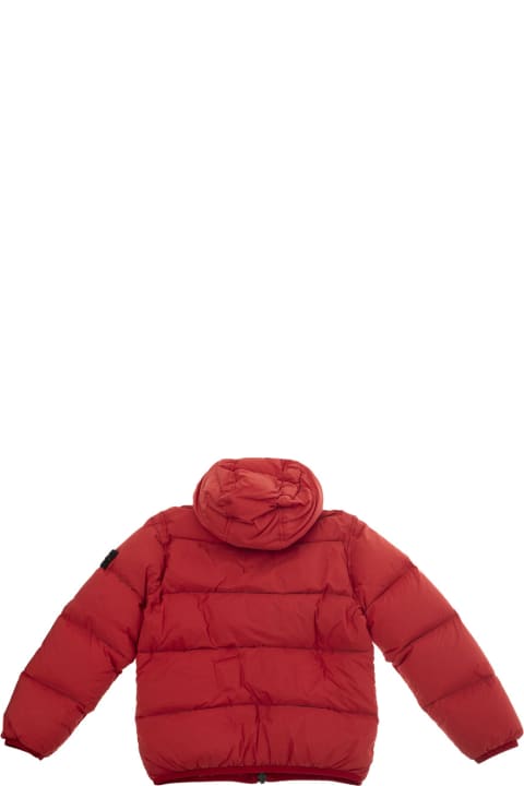 Homeware Stone Island Junior Red Hooded Down Jacket With Logo Patch In Tech Fabric Boy