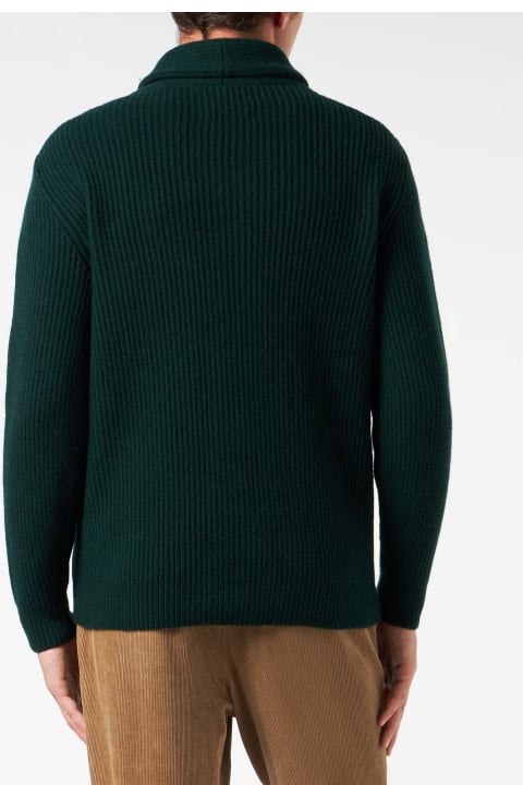 أدوات منزلية MC2 Saint Barth Man Shawl Collar Green Ribbed Cardigan With Pockets And Patch