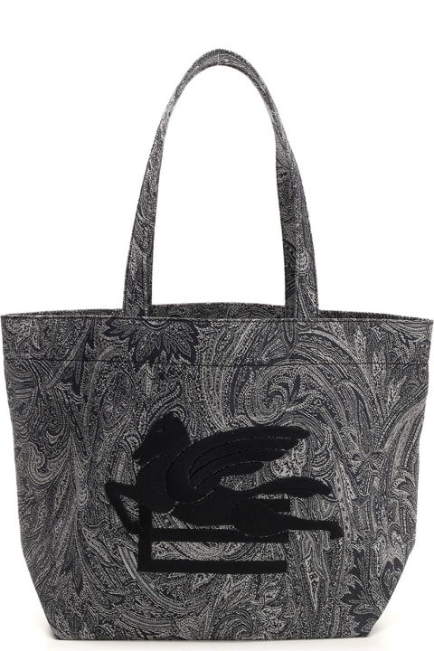 Etro Totes for Men Etro Navy Blue Large Tote Bag With Paisley Jacquard Motif
