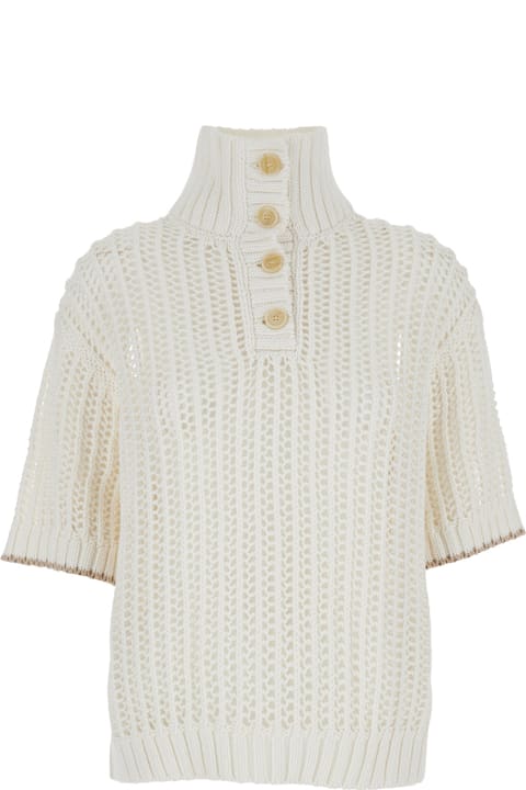 Brunello Cucinelli Topwear for Women Brunello Cucinelli White High Neck Sweater With Perforated Design In Cotton Woman
