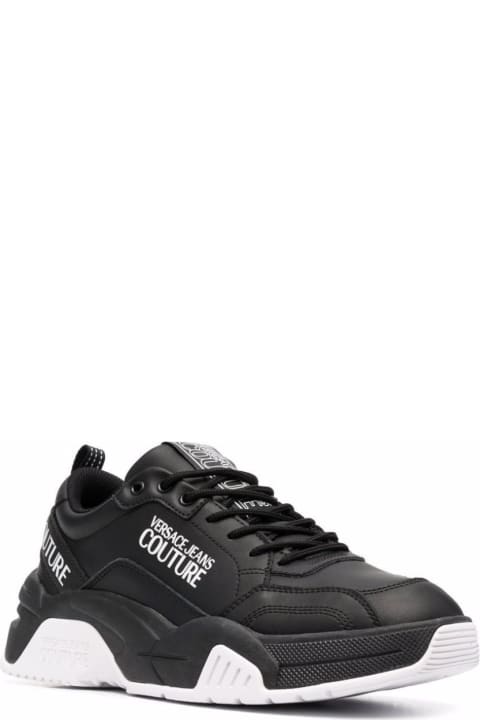 Versace Jeans Couture Men's Chunky Black Leather Sneakers  With Logo Print
