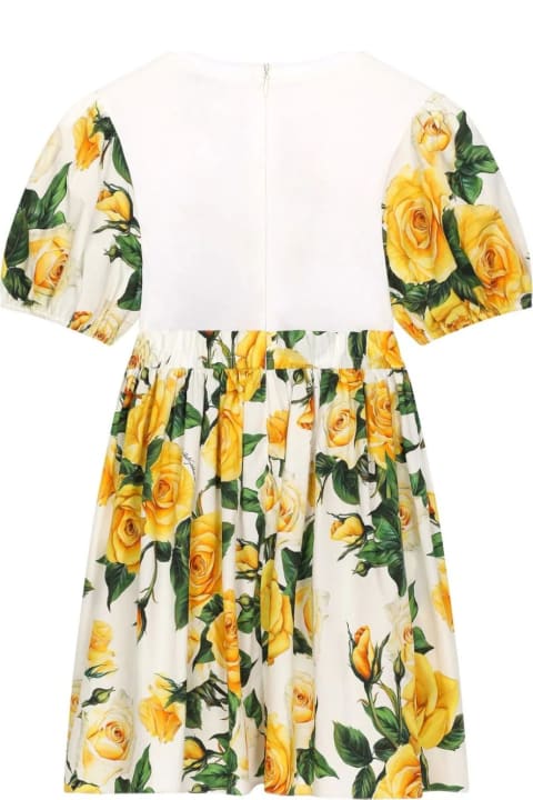 Fashion for Girls Dolce & Gabbana Jersey And Poplin Dress With Dg Logo And Yellow Rose Print