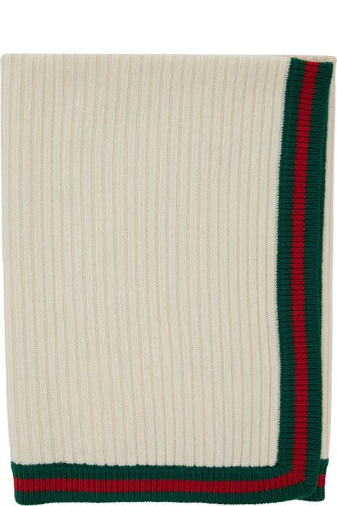 Sale for Homeware Gucci White Ribbed Blanket With Striped Edge In Wool Kids