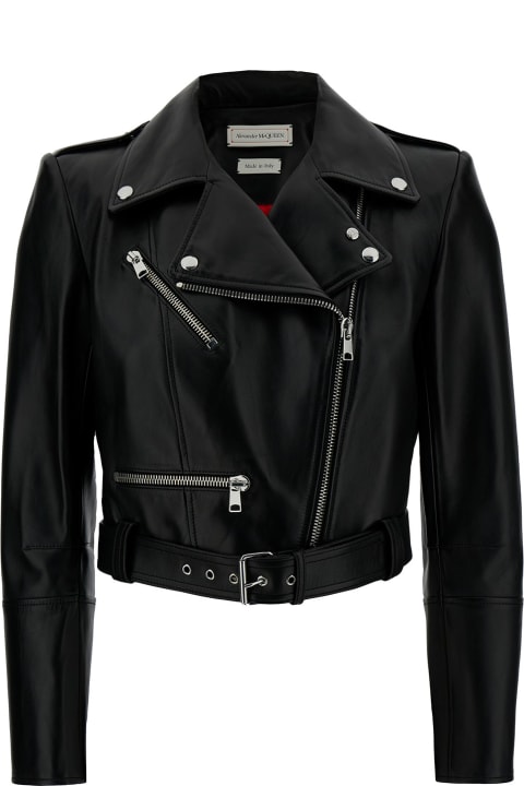 Black Cropped Biker Jacker With Matching Belt In Smooth Leather Woman