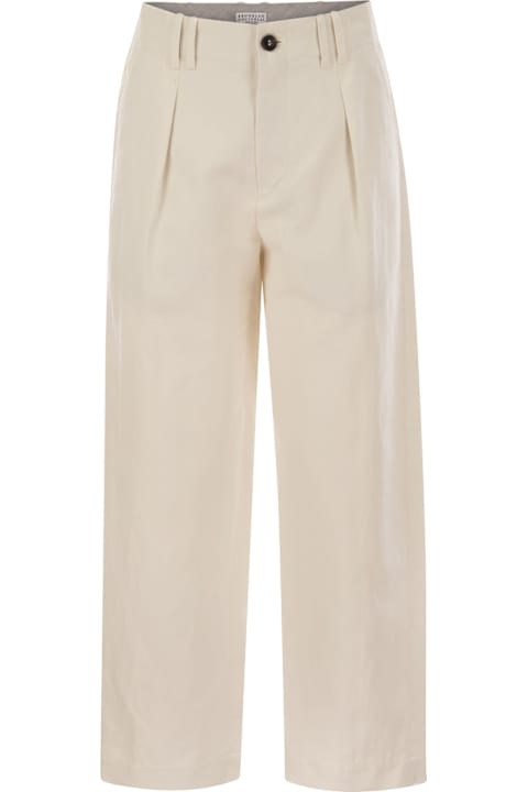 Homeware Brunello Cucinelli Pleated Chino Trousers In Cotton Canvas And Linen
