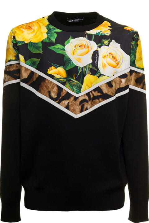 Crew Neck Silk Sweater With Printed Twill Inserts Dolce & Gabbana Man