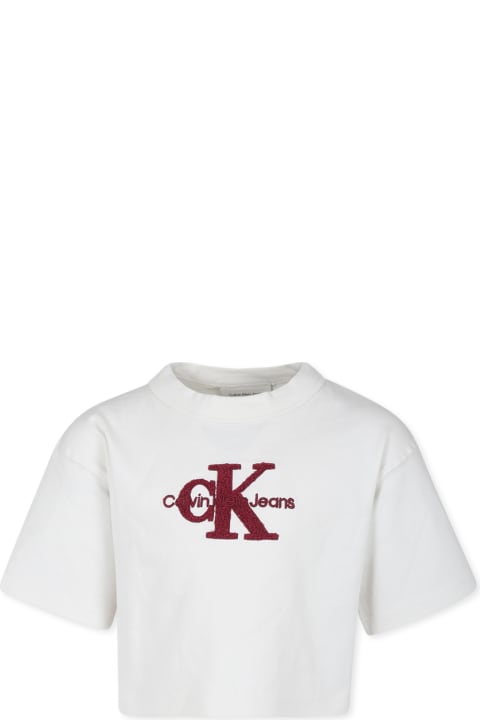 Calvin Klein قمصان بياقة دائرية وقمصان البولو لـ بنات Calvin Klein Ivory Crop T-shirt For Girl With Logo