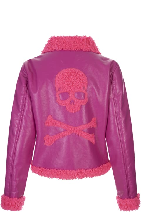 Fuchsia Faux Shearling Skull & Bones Short Biker