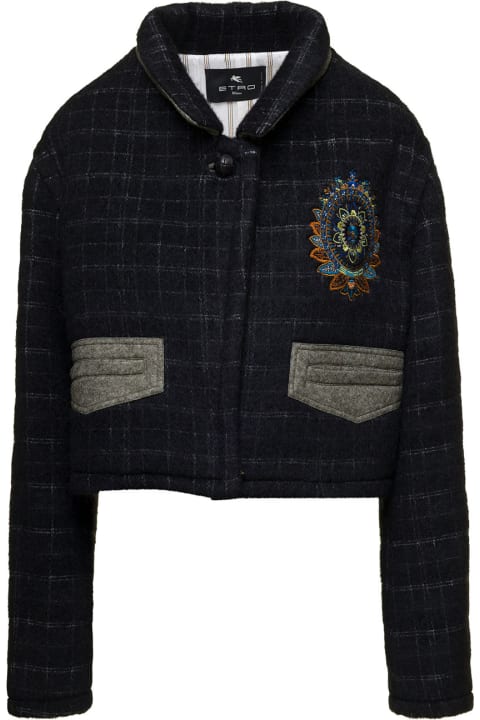 Etro for Women Etro Black Cropped Jacket With Embroidery And Check Motif In Wool Blend Woman