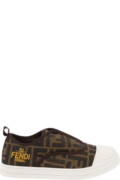 Fendi Shoes for Boys Fendi Brown Pull-on Sneakers With Logo Embroidery In Ff Canvas Boy