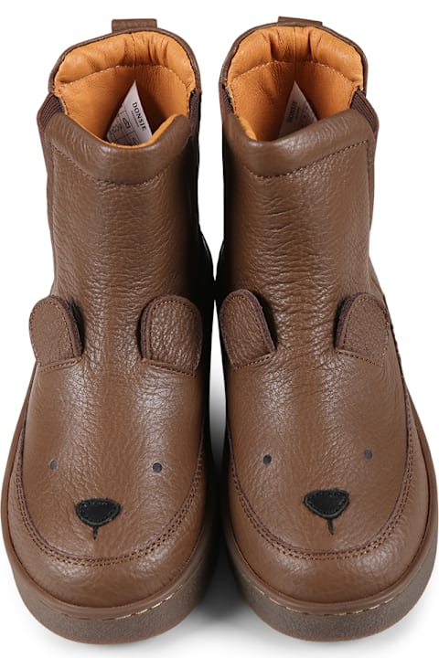 Donsje for Kids Donsje Brown Ankle Boots For Kids With Bear