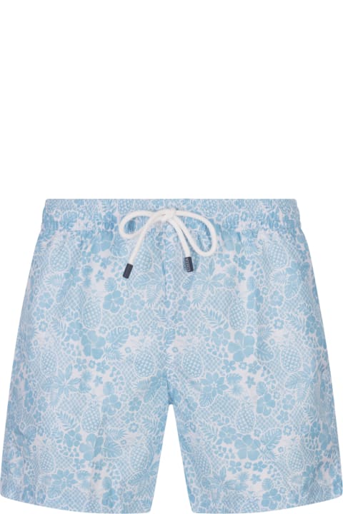 Swimwear for Men Fedeli Light Blue Swim Shorts With Tropical Pattern