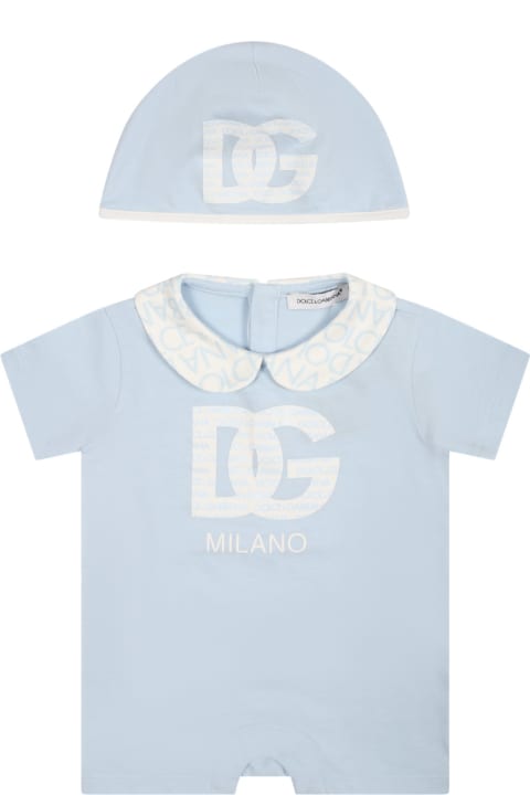 Dolce & Gabbana Kids Dolce & Gabbana Light Blue Romper Suit For Baby Boy With Logo