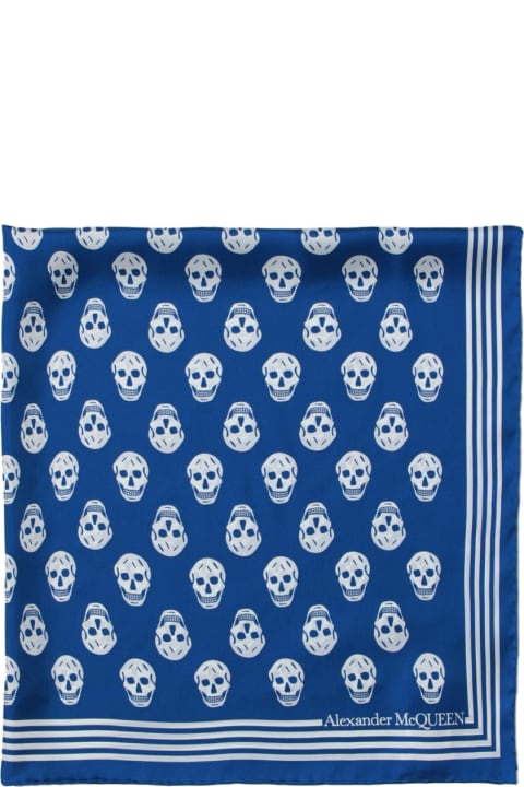 Scarves for Men Alexander McQueen Royal Blue Silk Scarf With Skull Motif