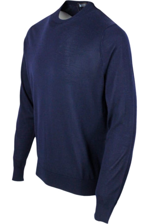 Light Crew Neck Long Sleeve Sweater In Fine 100% Cashmere And Silk With Special Processing On The Profile Of The Neck