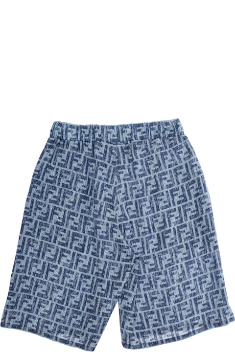 Fashion for Kids Fendi Blue Bermuda Pants With Elastic Waist And All-over Ff Logo Print In Linen Boy