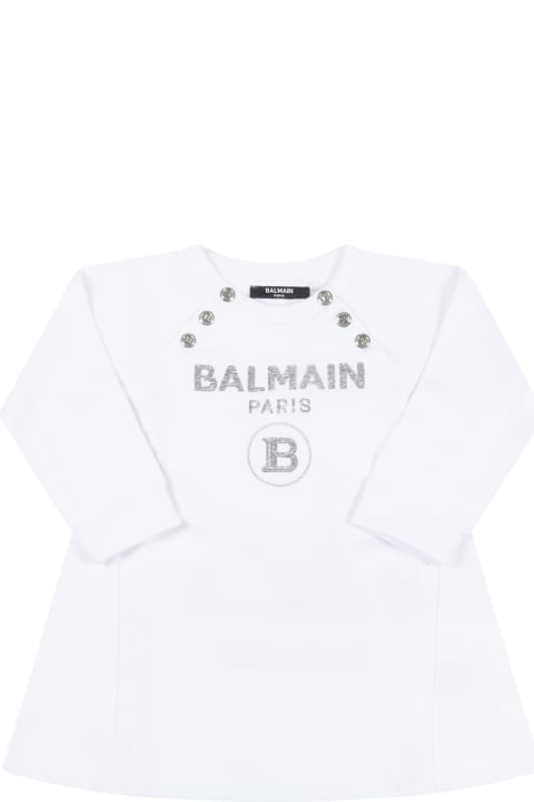 Dresses for Baby Girls Balmain White Dress For Baby Girl With Silver Logo