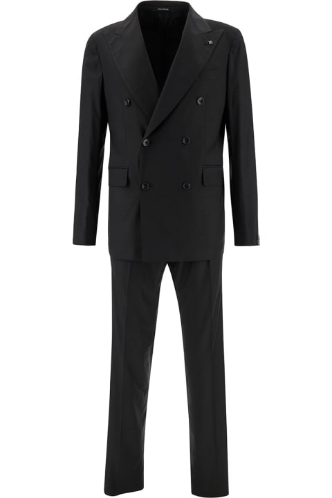 メンズ スーツ Tagliatore Black Double-breasted Jacket With Peak Revers In Wool Blend Man