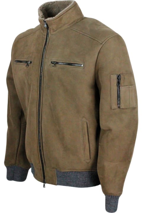 Barba Napoli Clothing for Men Barba Napoli Bomber Jacket In Fine And Soft Shearling Sheepskin With Stretch Knit Trims And Zip Closure. Front Pockets